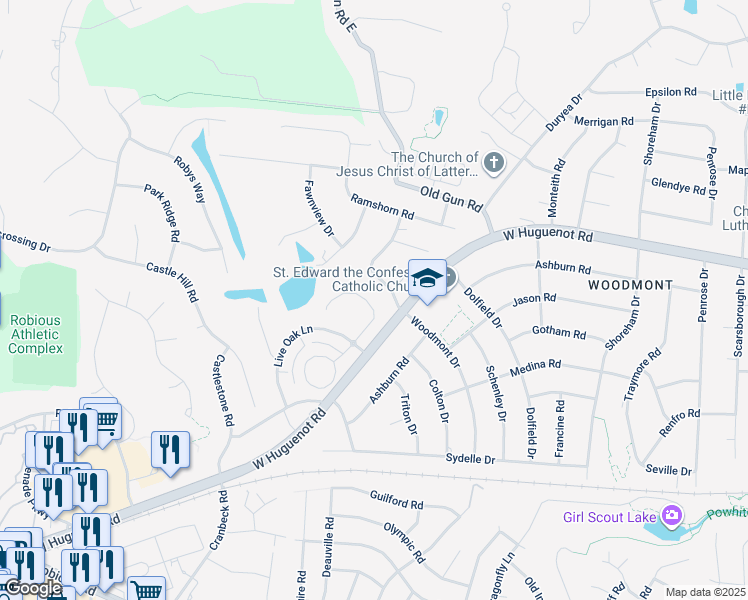 map of restaurants, bars, coffee shops, grocery stores, and more near 10949 Live Oak Court in Midlothian