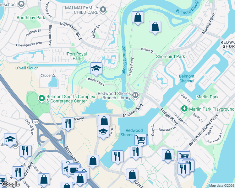 map of restaurants, bars, coffee shops, grocery stores, and more near 275 Oracle Parkway in Redwood City
