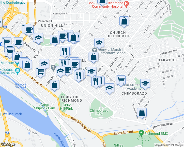 map of restaurants, bars, coffee shops, grocery stores, and more near 2908 East Clay Street in Richmond