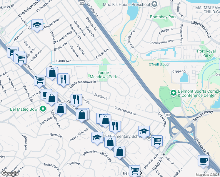 map of restaurants, bars, coffee shops, grocery stores, and more near 224 Woodbridge Circle in San Mateo