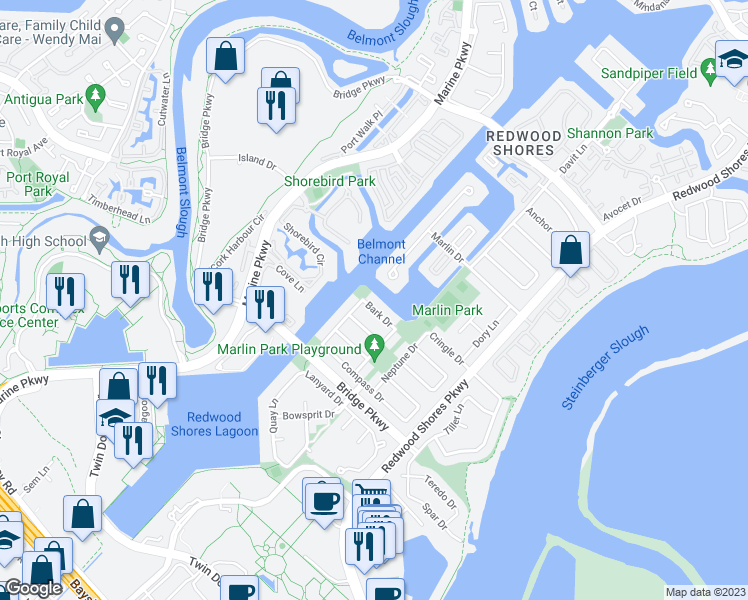 map of restaurants, bars, coffee shops, grocery stores, and more near 415 Bark Drive in Redwood City