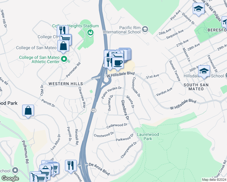 map of restaurants, bars, coffee shops, grocery stores, and more near 1333 Palos Verdes Drive in San Mateo