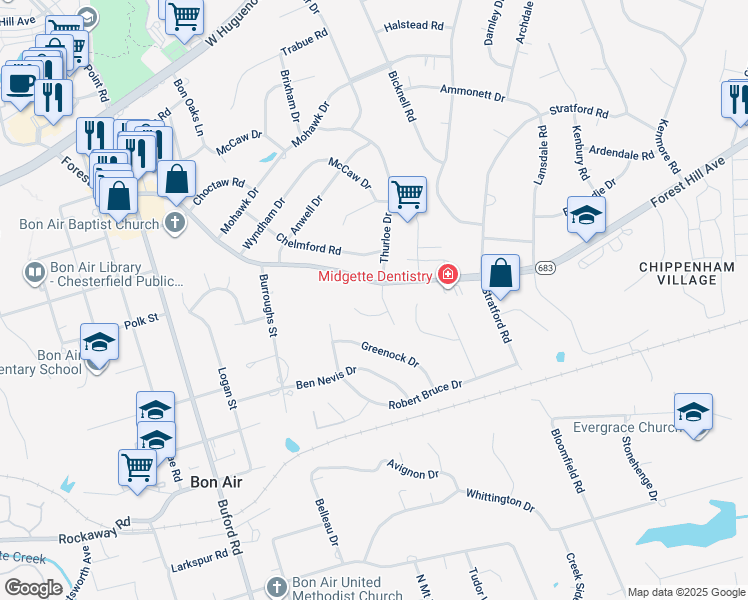 map of restaurants, bars, coffee shops, grocery stores, and more near 2410 Bon Air Station Lane in Richmond