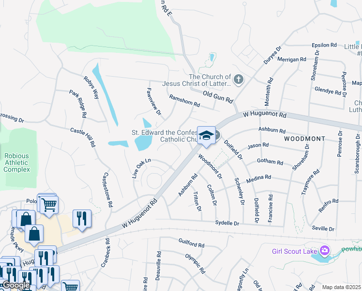 map of restaurants, bars, coffee shops, grocery stores, and more near 10949 Live Oak Court in Midlothian