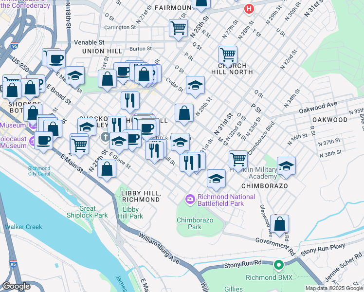 map of restaurants, bars, coffee shops, grocery stores, and more near 2910 East Clay Street in Richmond