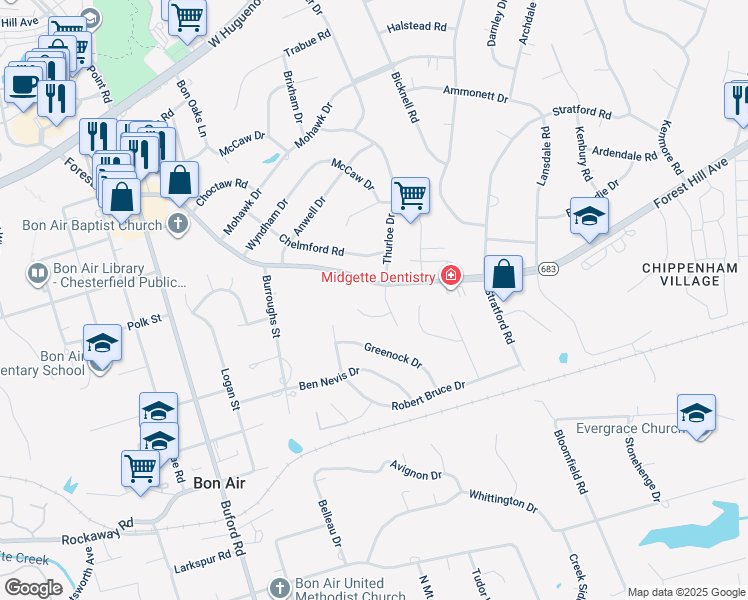 map of restaurants, bars, coffee shops, grocery stores, and more near 2410 Bon Air Station Lane in Richmond