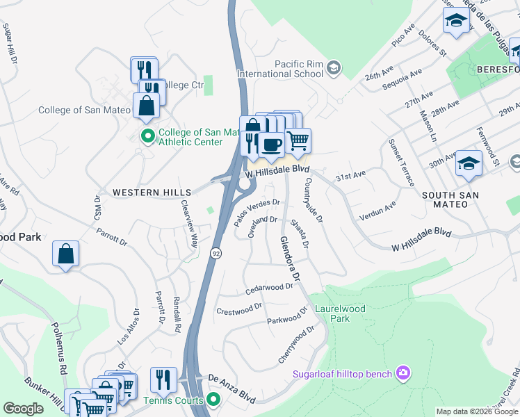 map of restaurants, bars, coffee shops, grocery stores, and more near 1333 Palos Verdes Drive in San Mateo