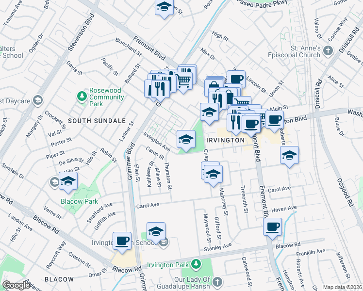 map of restaurants, bars, coffee shops, grocery stores, and more near 4481 Westerly Common in Fremont