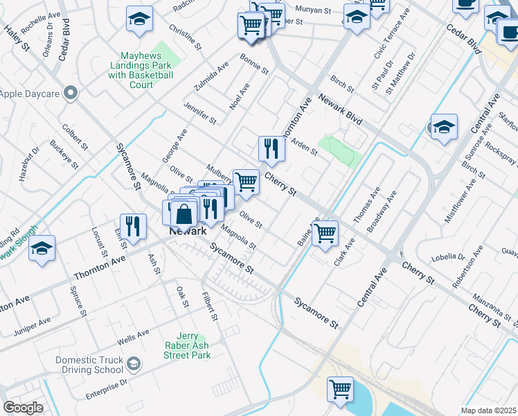 map of restaurants, bars, coffee shops, grocery stores, and more near 37047 Mulberry Street in Newark