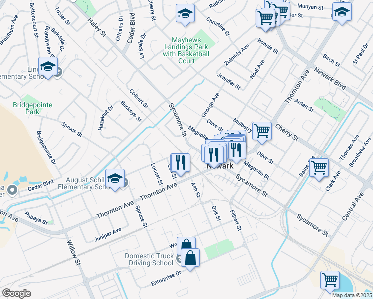 map of restaurants, bars, coffee shops, grocery stores, and more near 36777 Sycamore Street in Newark