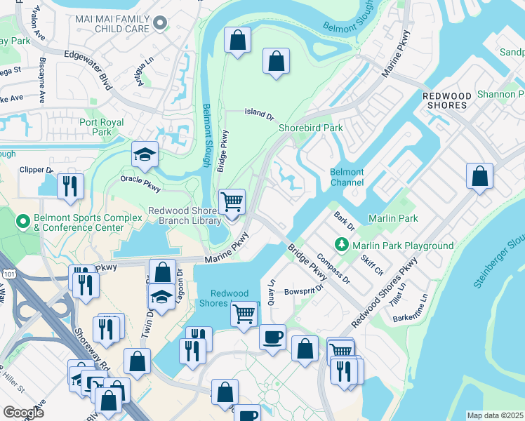 map of restaurants, bars, coffee shops, grocery stores, and more near 421 Marine Parkway in Redwood City