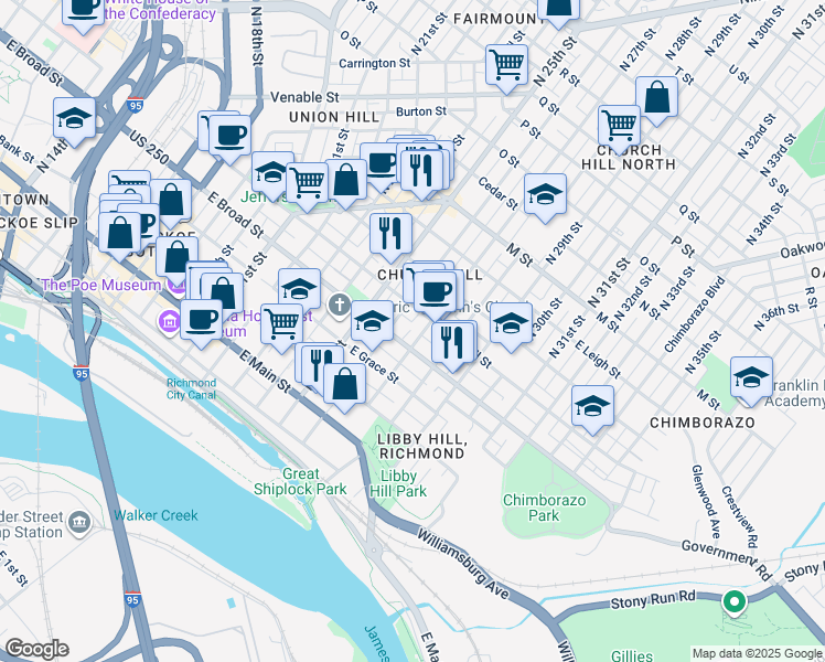 map of restaurants, bars, coffee shops, grocery stores, and more near 324 North 27th Street in Richmond