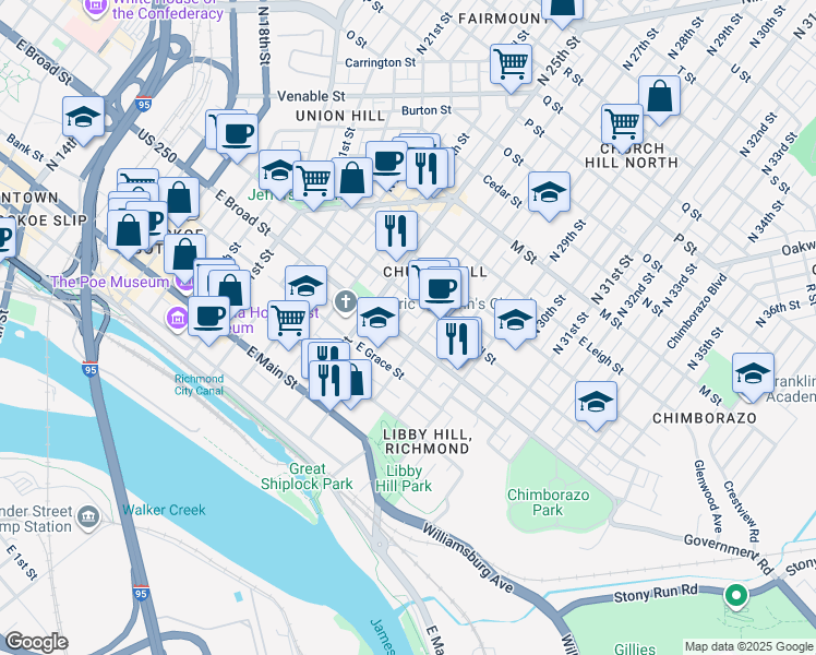 map of restaurants, bars, coffee shops, grocery stores, and more near 2520 East Broad Street in Richmond
