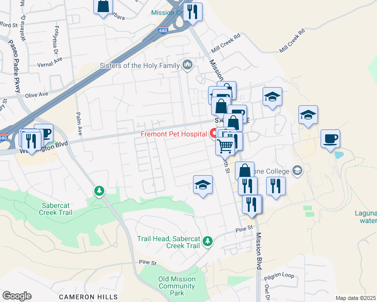 map of restaurants, bars, coffee shops, grocery stores, and more near 341 Dana Street in Fremont