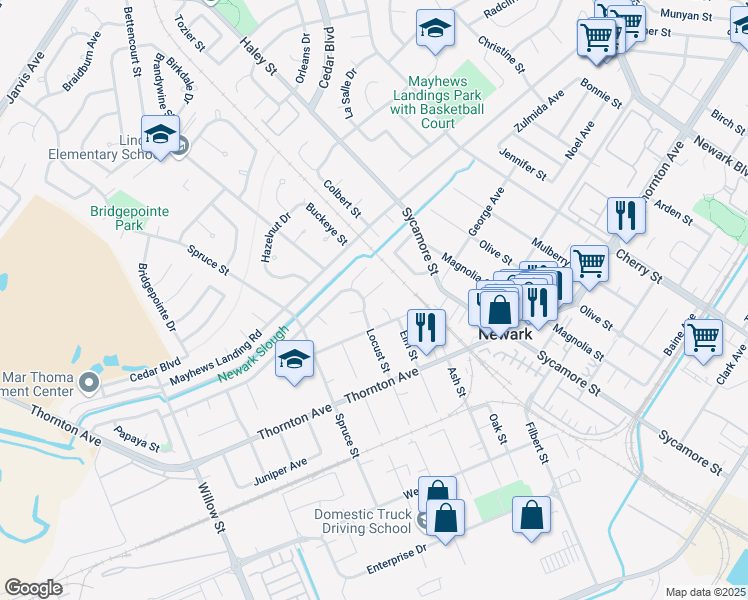 map of restaurants, bars, coffee shops, grocery stores, and more near 7682 Linden Court in Newark