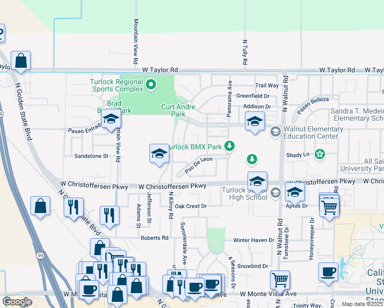 map of restaurants, bars, coffee shops, grocery stores, and more near 4203 Moon Rose Court in Turlock
