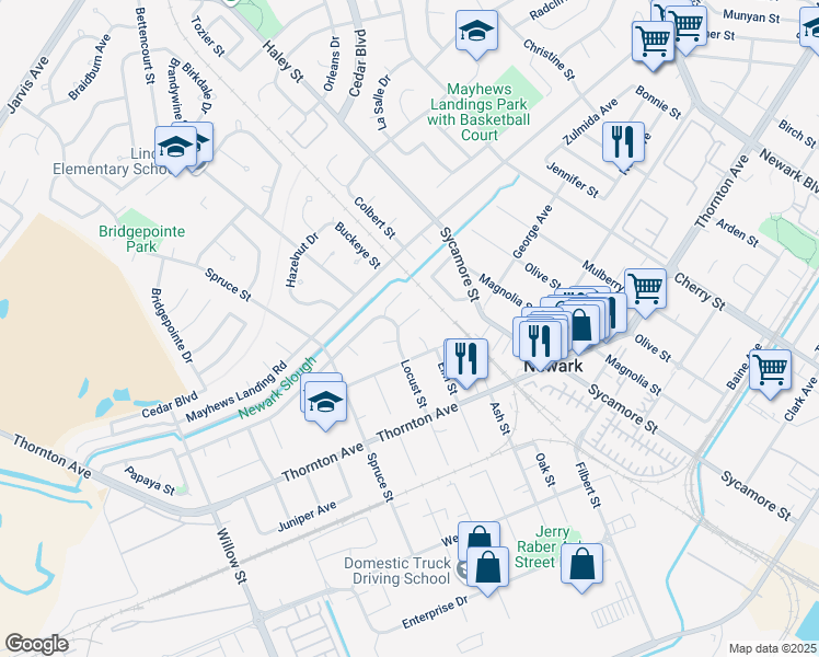 map of restaurants, bars, coffee shops, grocery stores, and more near 7682 Linden Court in Newark