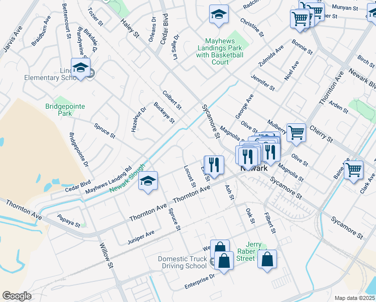 map of restaurants, bars, coffee shops, grocery stores, and more near 7682 Linden Court in Newark