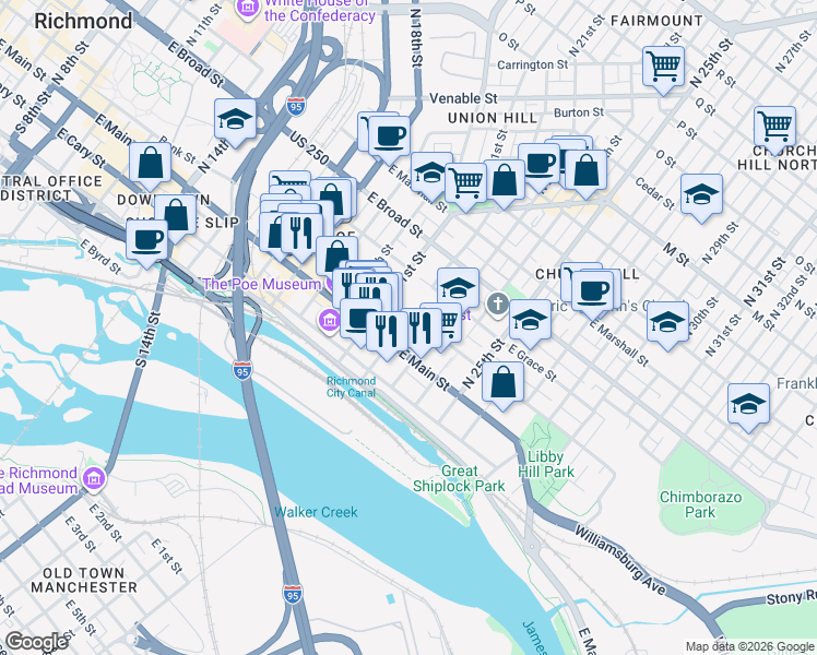map of restaurants, bars, coffee shops, grocery stores, and more near 2109 East Franklin Street in Richmond