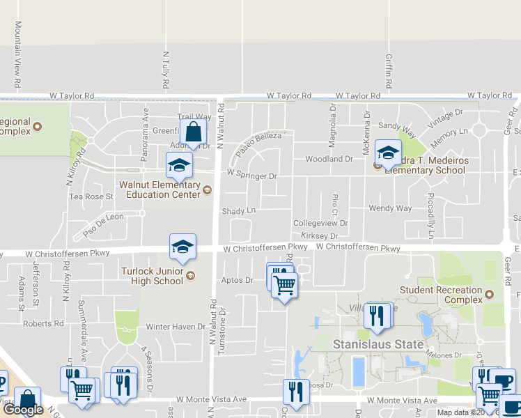 map of restaurants, bars, coffee shops, grocery stores, and more near 4144 Sunny Lane in Turlock