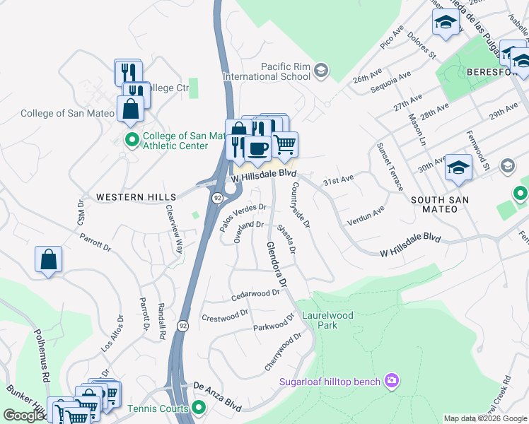 map of restaurants, bars, coffee shops, grocery stores, and more near 1307 Palos Verdes Drive in San Mateo