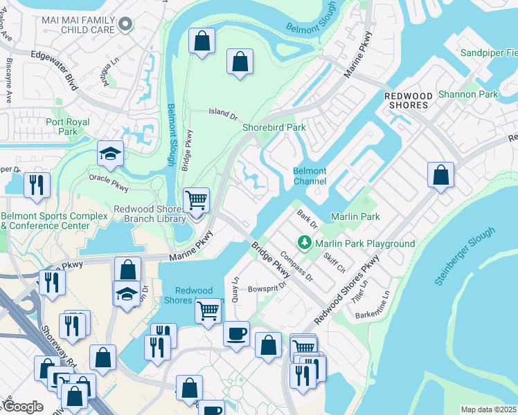 map of restaurants, bars, coffee shops, grocery stores, and more near 69 Cove Lane in Redwood City