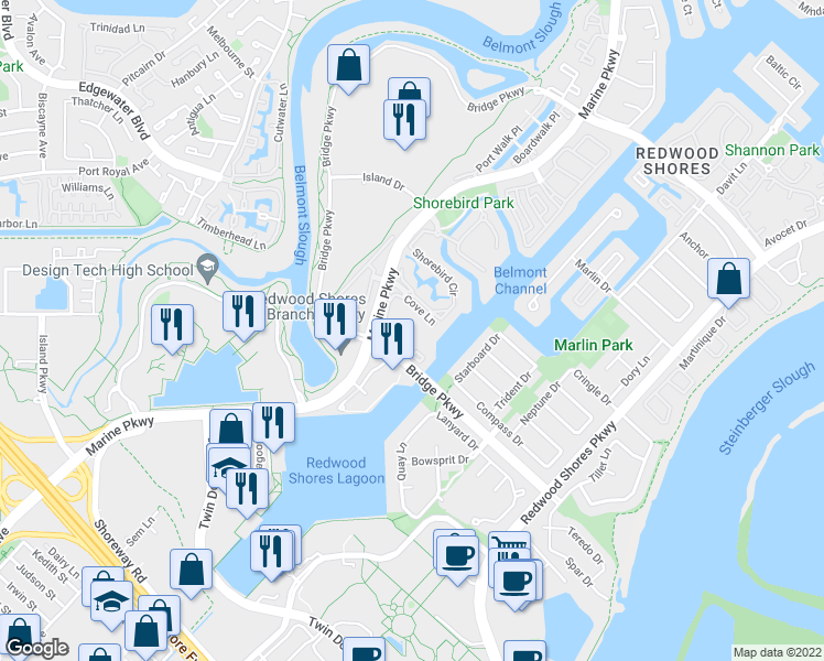 map of restaurants, bars, coffee shops, grocery stores, and more near 56 Cove Lane in Redwood City