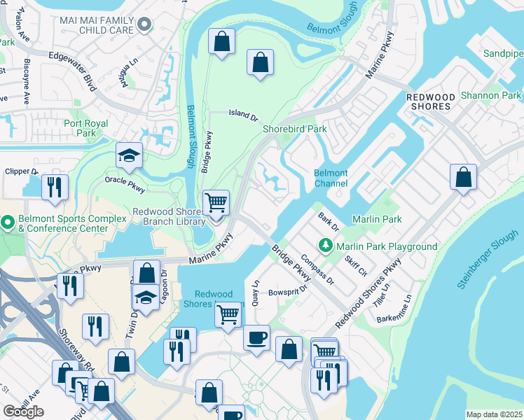 map of restaurants, bars, coffee shops, grocery stores, and more near 24 Pelican Lane in Redwood City