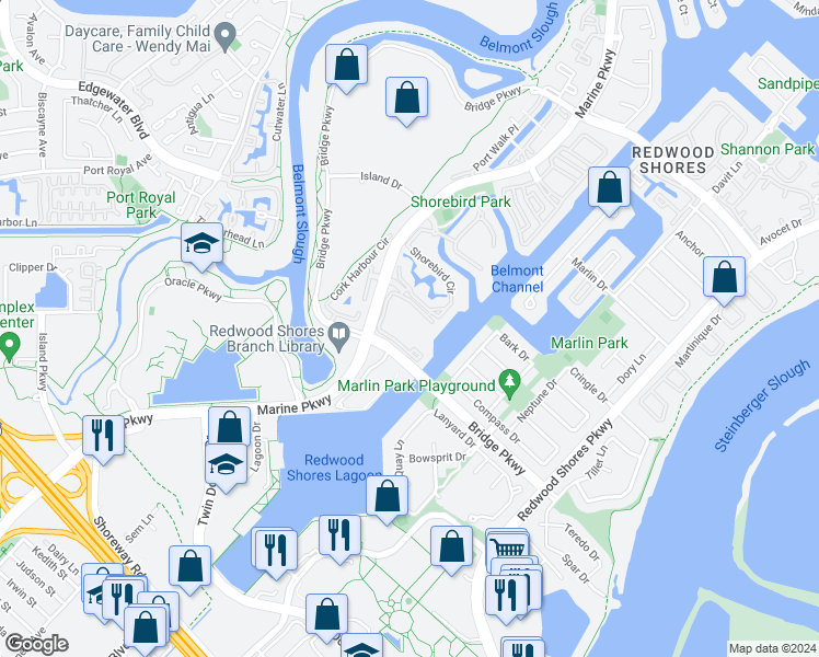 map of restaurants, bars, coffee shops, grocery stores, and more near 69 Cove Lane in Redwood City