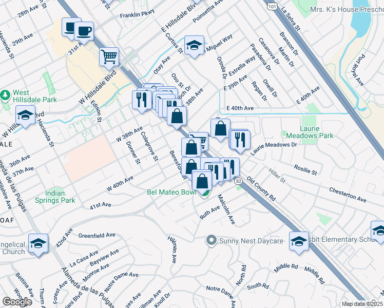 map of restaurants, bars, coffee shops, grocery stores, and more near 4000 41st Avenue in San Mateo