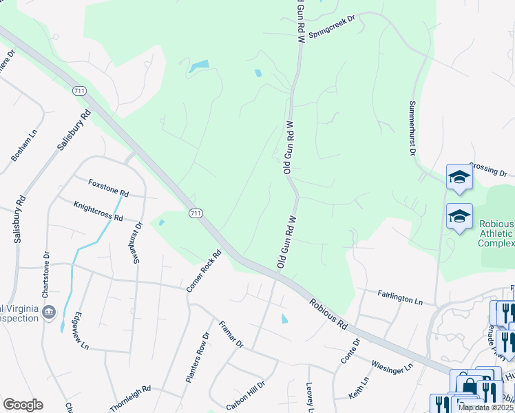 map of restaurants, bars, coffee shops, grocery stores, and more near 2710 Sandhurst Lane in Midlothian