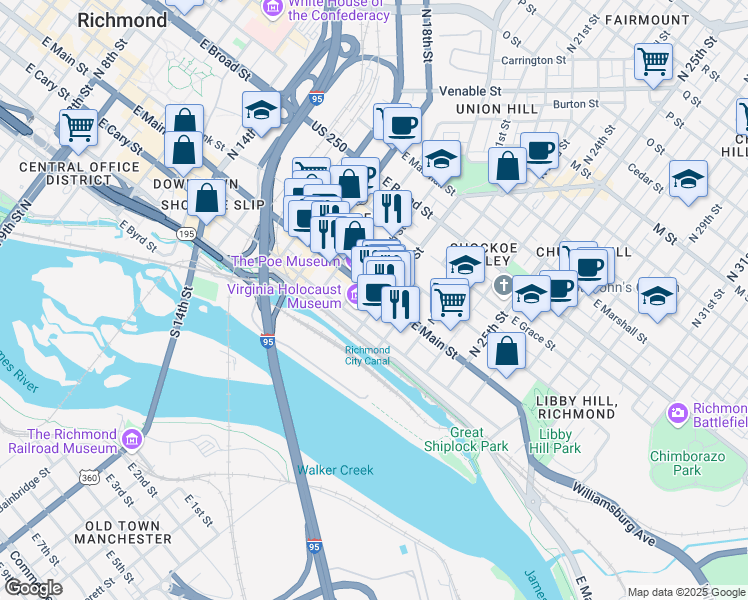 map of restaurants, bars, coffee shops, grocery stores, and more near 2010c East Main Street in Richmond