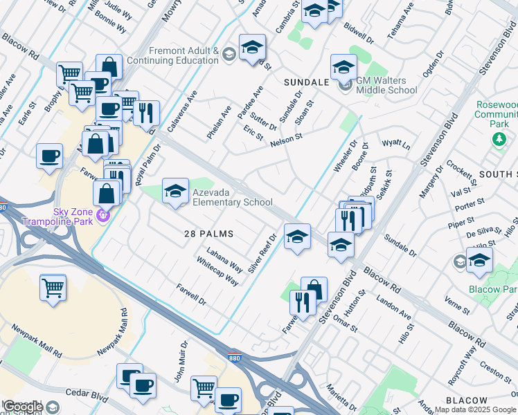 map of restaurants, bars, coffee shops, grocery stores, and more near 39645 Blacow Road in Fremont