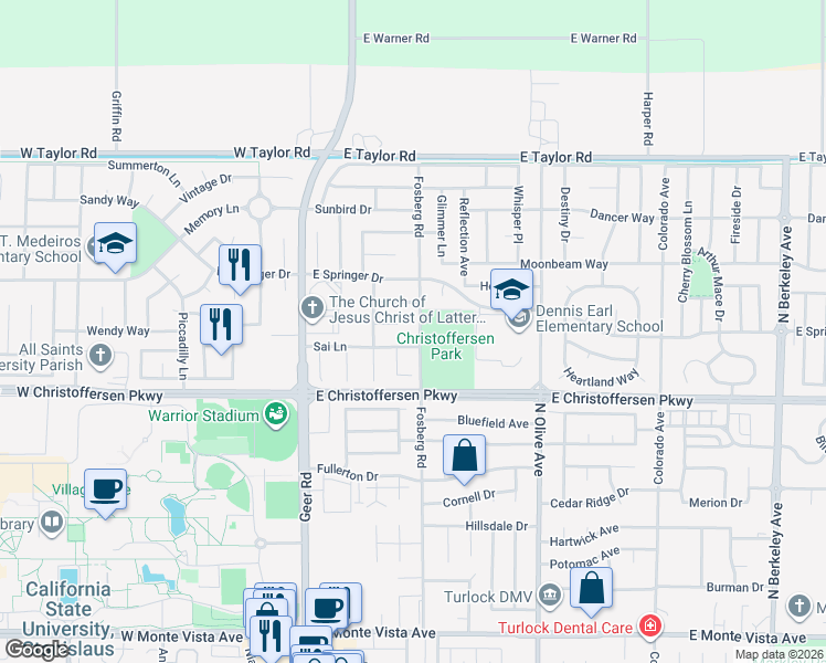map of restaurants, bars, coffee shops, grocery stores, and more near 4183 Fosberg Road in Turlock