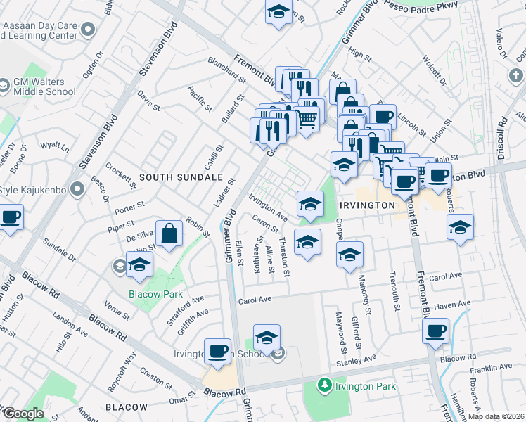 map of restaurants, bars, coffee shops, grocery stores, and more near 4454 Irvington Avenue in Fremont