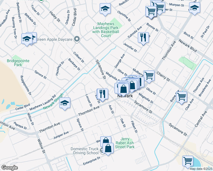map of restaurants, bars, coffee shops, grocery stores, and more near 36777 Sycamore Street in Newark