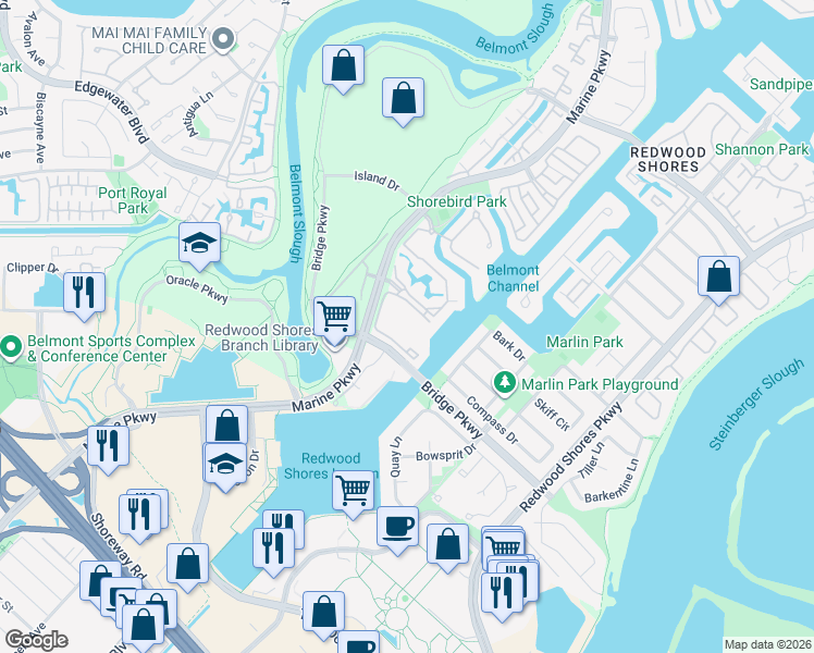 map of restaurants, bars, coffee shops, grocery stores, and more near 56 Cove Lane in Redwood City
