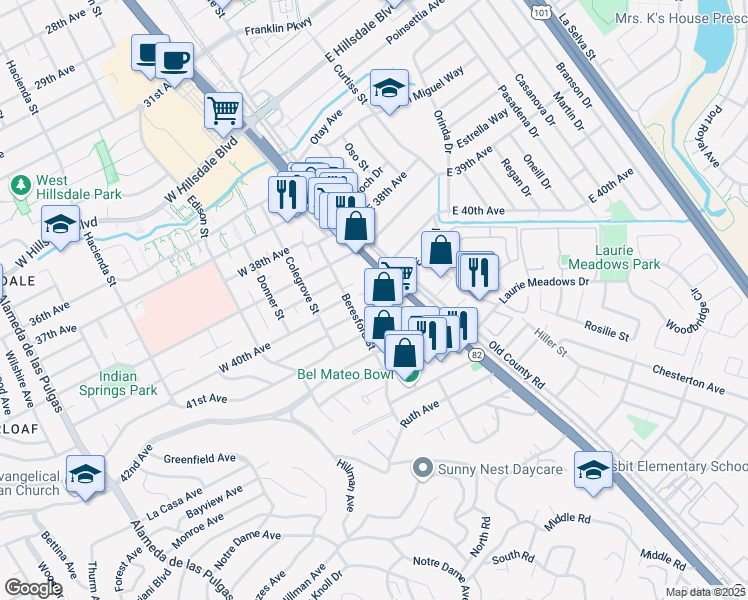 map of restaurants, bars, coffee shops, grocery stores, and more near 4000 41st Avenue in San Mateo