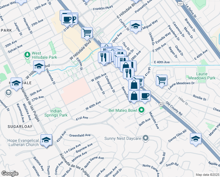 map of restaurants, bars, coffee shops, grocery stores, and more near 3914 Colegrove Street in San Mateo