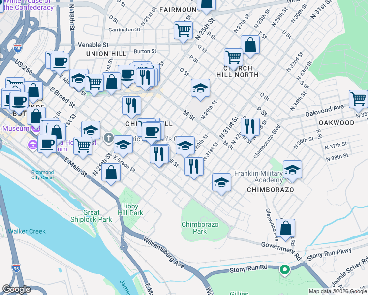 map of restaurants, bars, coffee shops, grocery stores, and more near 504 North 29th Street in Richmond