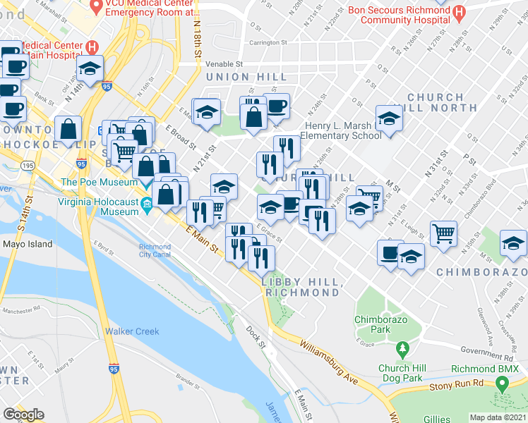 map of restaurants, bars, coffee shops, grocery stores, and more near 2400 East Grace Street in Richmond