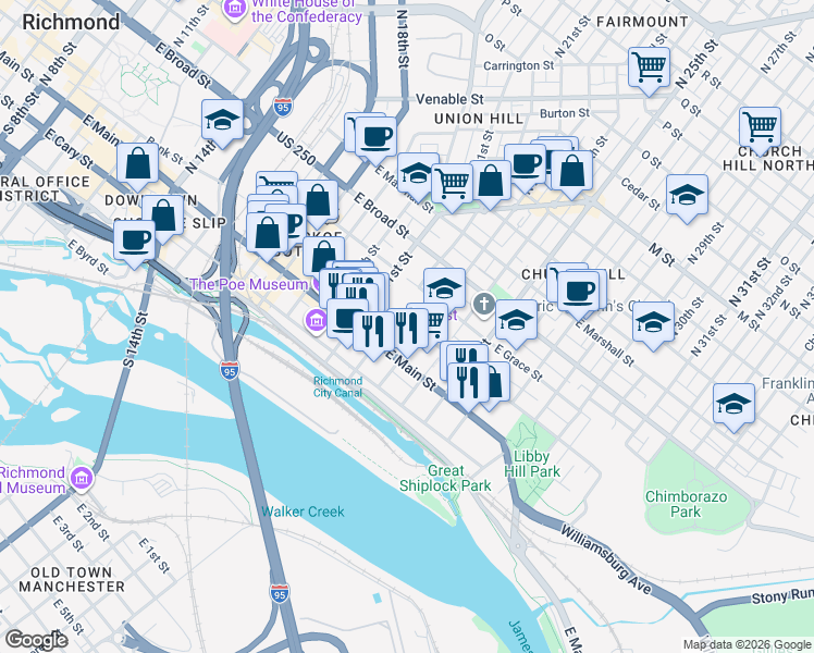 map of restaurants, bars, coffee shops, grocery stores, and more near 2232 East Franklin Street in Richmond