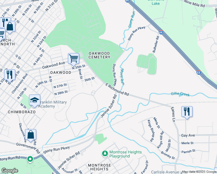 map of restaurants, bars, coffee shops, grocery stores, and more near 3520 East Richmond Road in Richmond