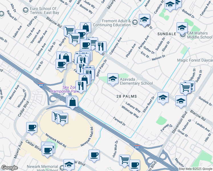 map of restaurants, bars, coffee shops, grocery stores, and more near 39415 Royal Palm Drive in Fremont