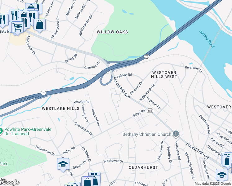map of restaurants, bars, coffee shops, grocery stores, and more near 6023 Willow Oaks Drive in Richmond