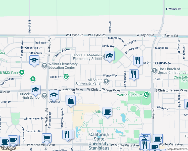 map of restaurants, bars, coffee shops, grocery stores, and more near 4186 Piro Court in Turlock