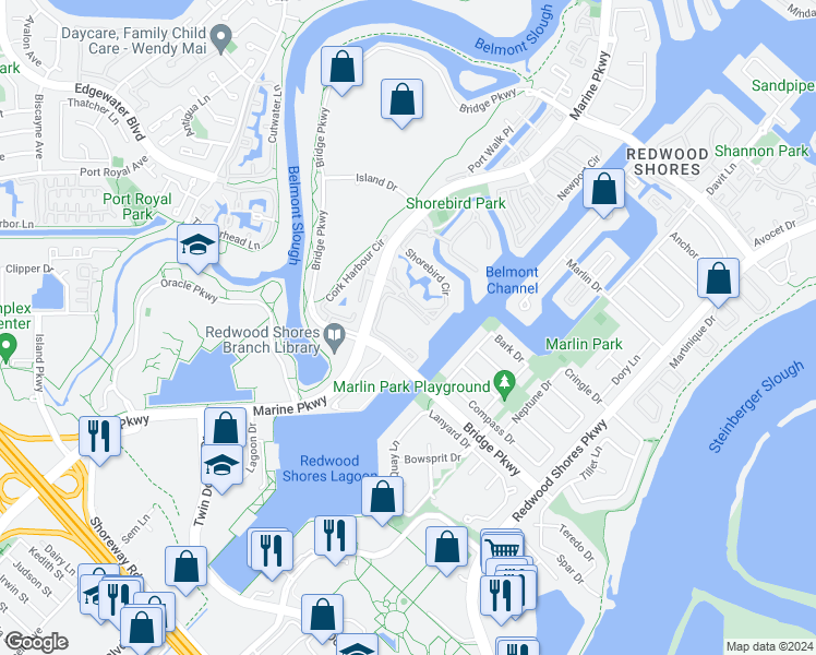 map of restaurants, bars, coffee shops, grocery stores, and more near 4 Cove Lane in Redwood City