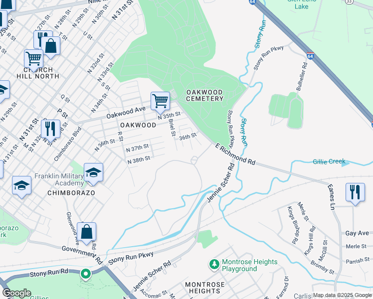 map of restaurants, bars, coffee shops, grocery stores, and more near 3530 East Richmond Road in Richmond
