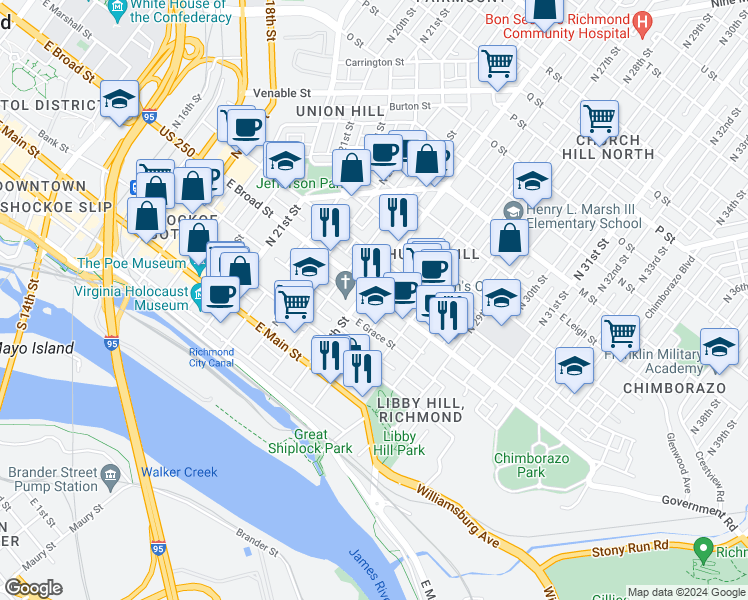 map of restaurants, bars, coffee shops, grocery stores, and more near 2507 East Broad Street in Richmond