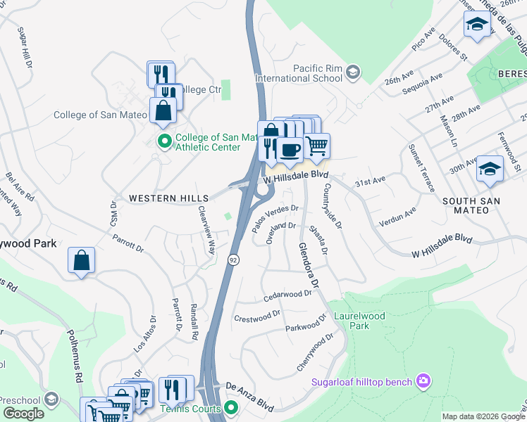 map of restaurants, bars, coffee shops, grocery stores, and more near 1342 Palos Verdes Drive in San Mateo